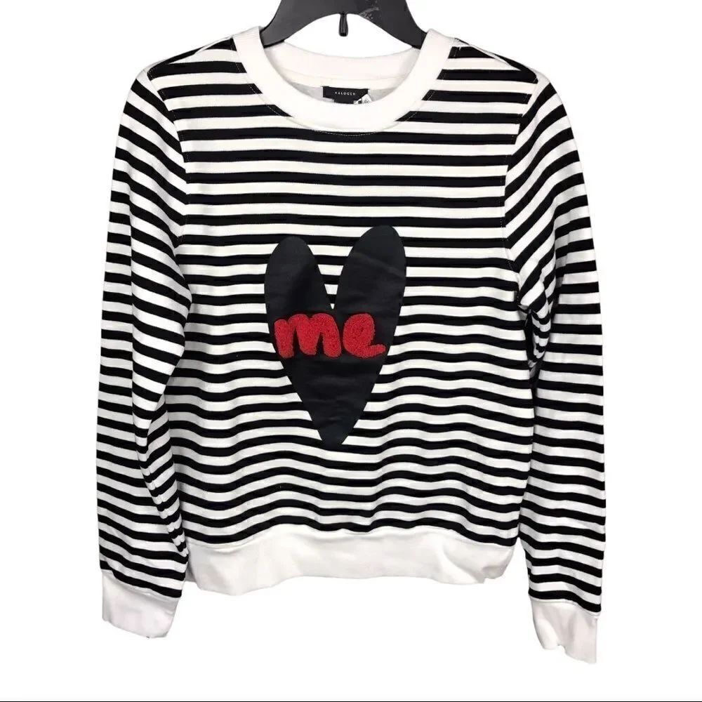 Halogen Sweatshirt Black White Stripe Black Heart ME Patch on Front Small